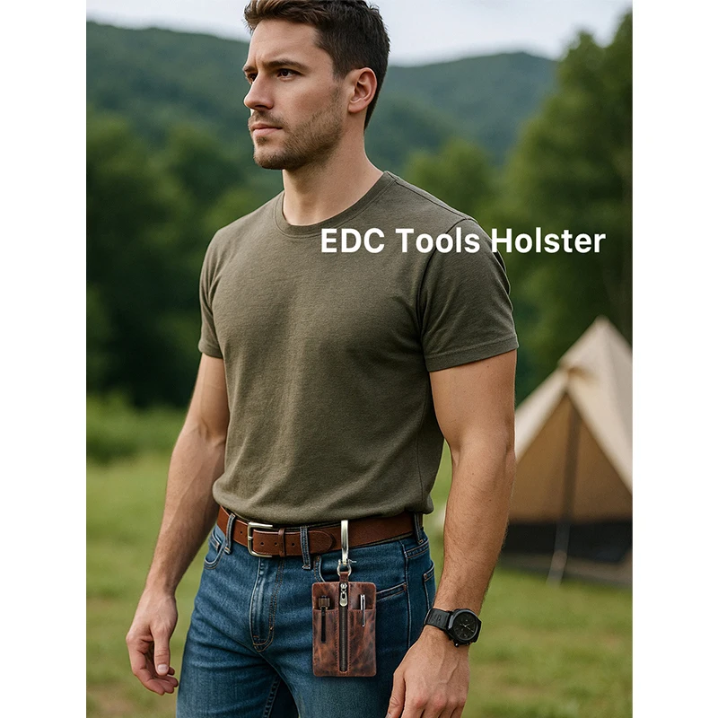 

Vintage Cowhide Outdoor Tool Storage Bag Travel Flashlight Cutter Leather Waist Hanging Purse Men's Handmade