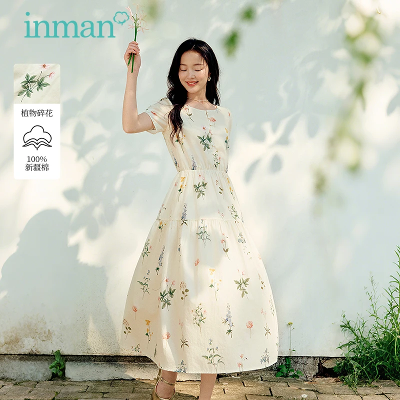 

Inman 2025 Summer New Women's Sweet Plant Floral Print Pure Cotton Dress - Gentle Vacation Loose Maxi Dress