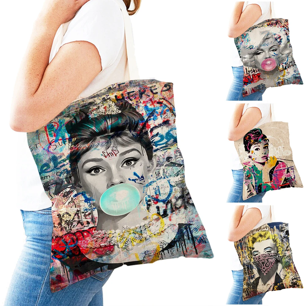 

Street Graffiti Vintage Women Shopper Bag Canvas Handbag Foldable Reusable Double Print Tote Lady Shopping Bags Children Gift