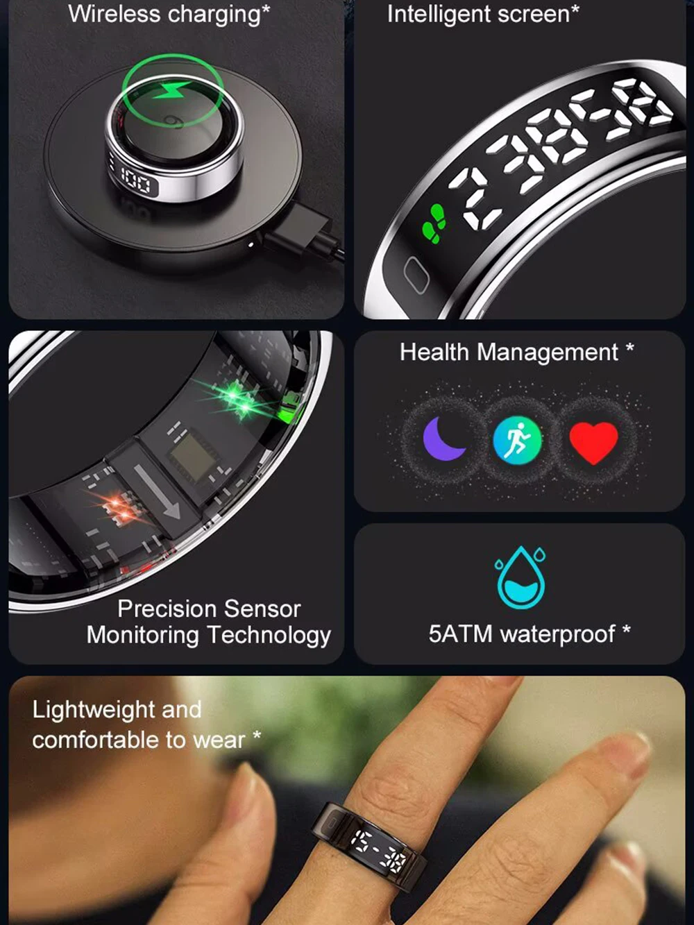 Anillo inteligente de carga inalámbrica pantalla inteligente 5ATM actividad impermeable anillos deportivos ritmo cardíaco sueño estrés gestión de la salud