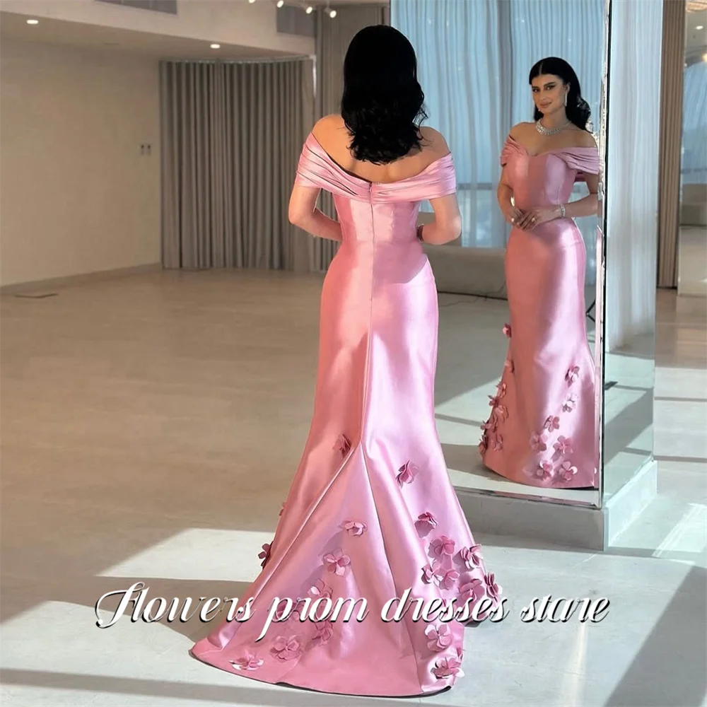 Flowers Pink Satin Evening Dress Off Shoulder Formal Gown with 3D Floral Trailing Night Dresses Mermaid Prom Dresses Customized