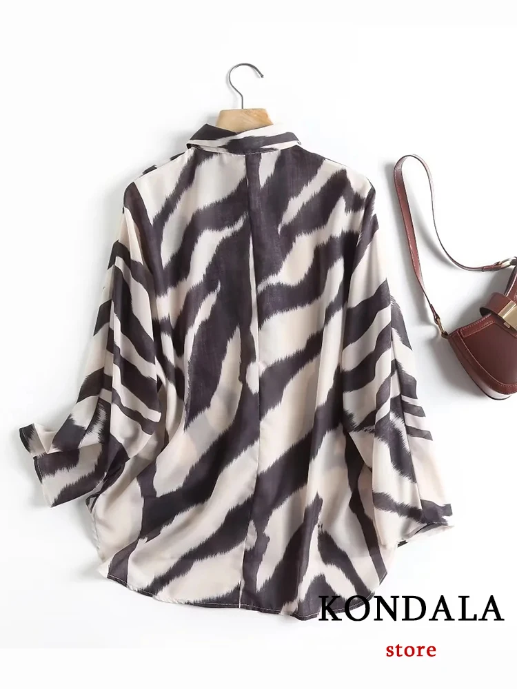 KONDALA Vintage Zebra Print Women Shirts Long Sleeve Single Button Turn Down Collar Loose Blouses Fashion 2022 Elegant Mujer Top