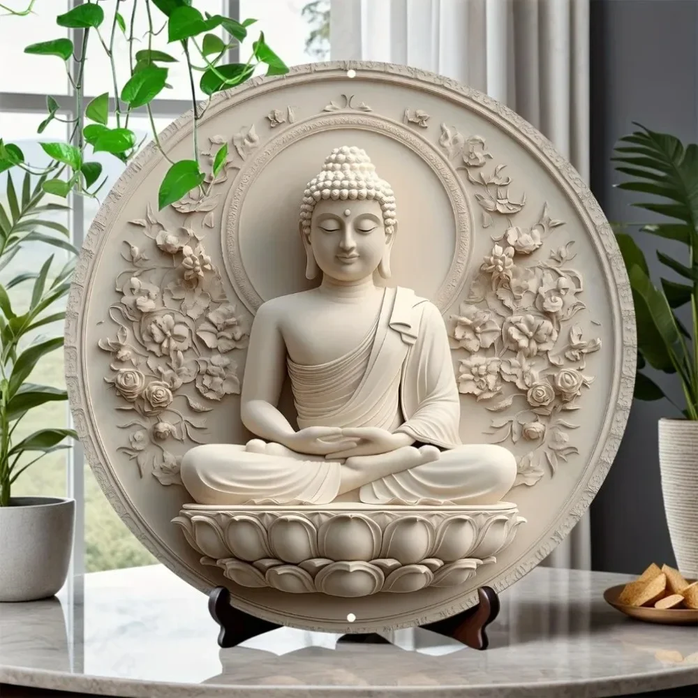 Buddha Statue Metal Sign | 2D Flat Round Tin Plaque, 3D Effect Floral Relief Wall Decor for Zen Home & Yoga Room, 20x20cm