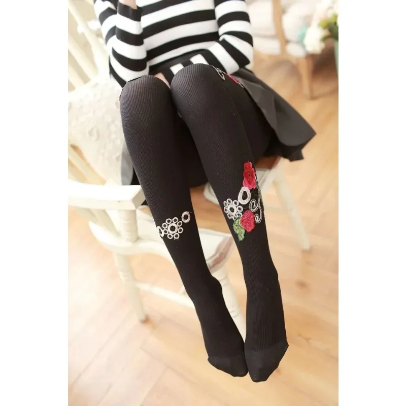 Women Sexy Pantyhose Tights Rhinestones Opaque Embroidery Flowers Transparent Stockings Female Sheer Footed with Reinforced Toes