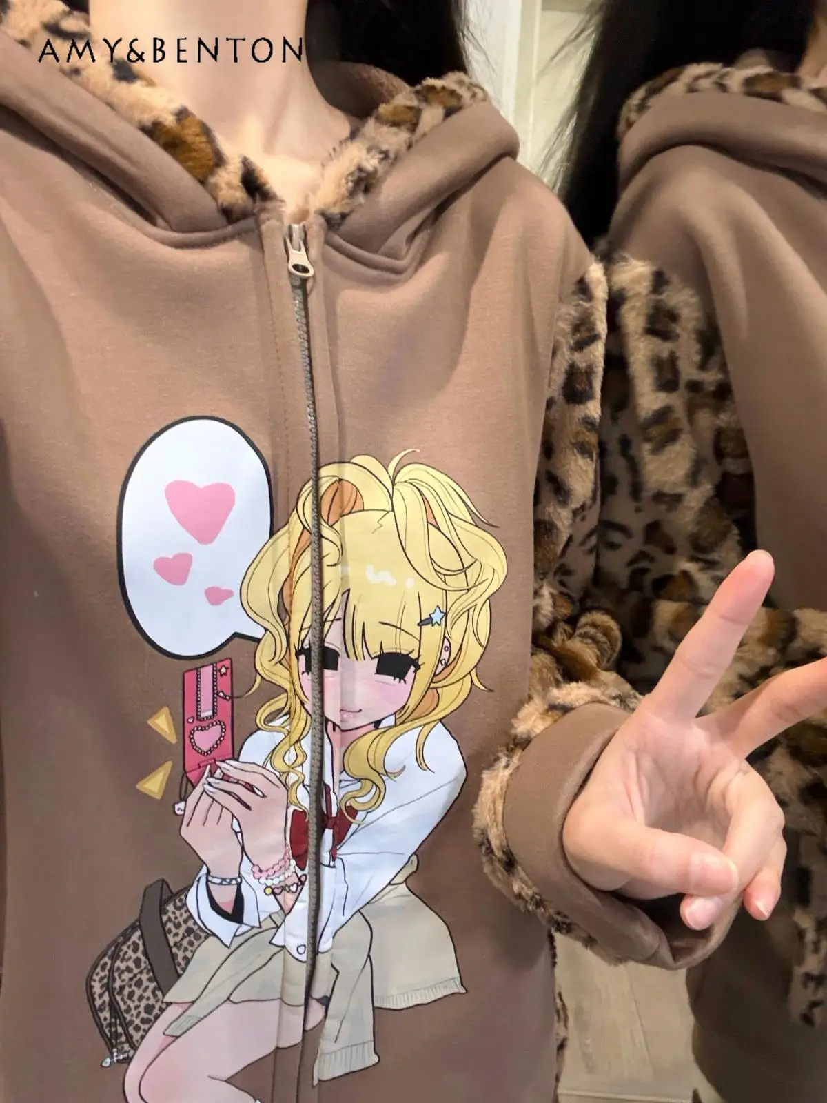 Original Leopard Print Brown Spice Girl Anime Print Plush Hoodies Women Subculture Girl Casual American Oversized Zip Up Hoodie