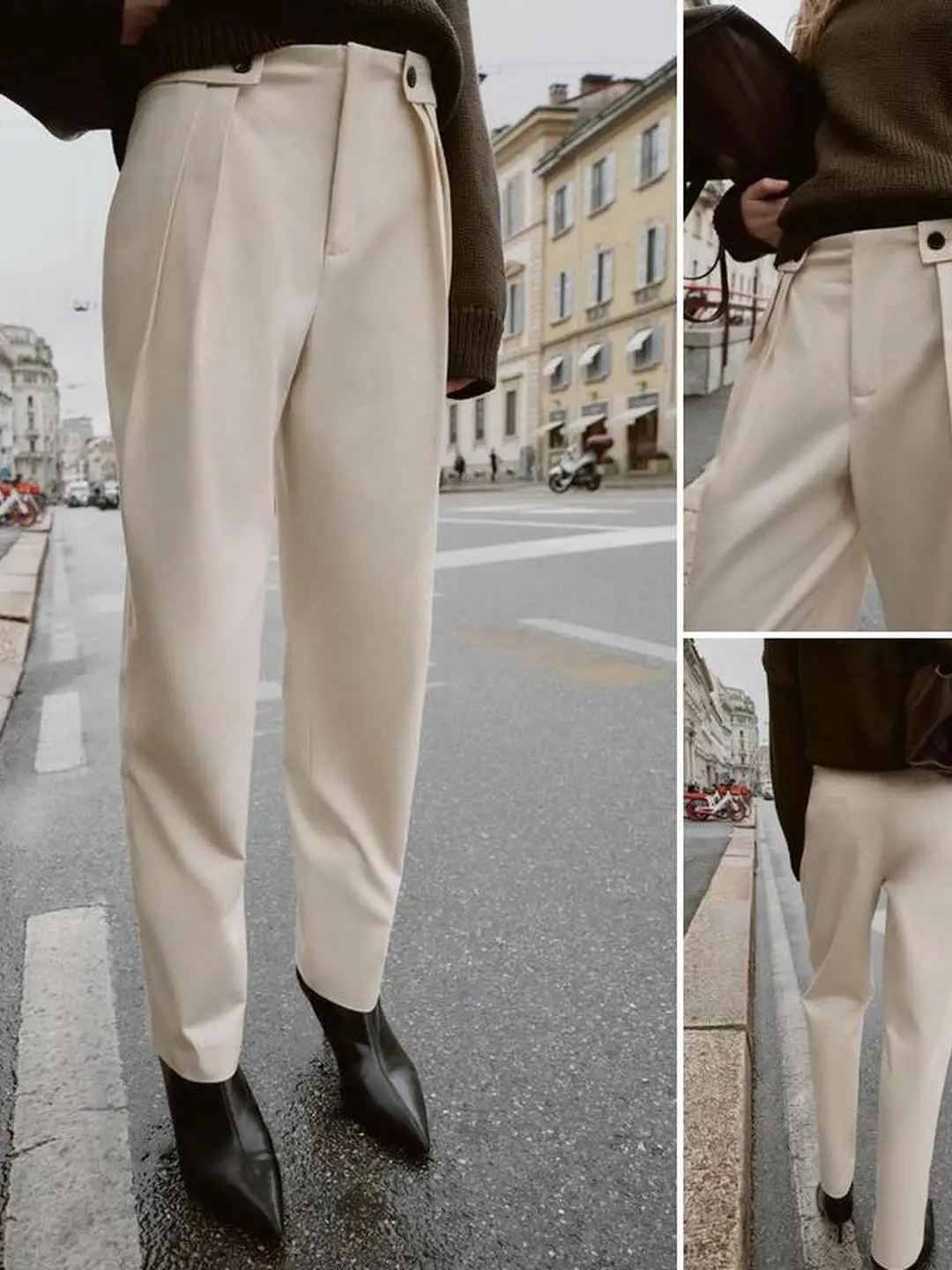 블루 스트랩 장식이 있는 캐주얼 하이웨이스트 플리츠 팬츠 다용도 가을 겨울 출퇴근 패션 여성 바지