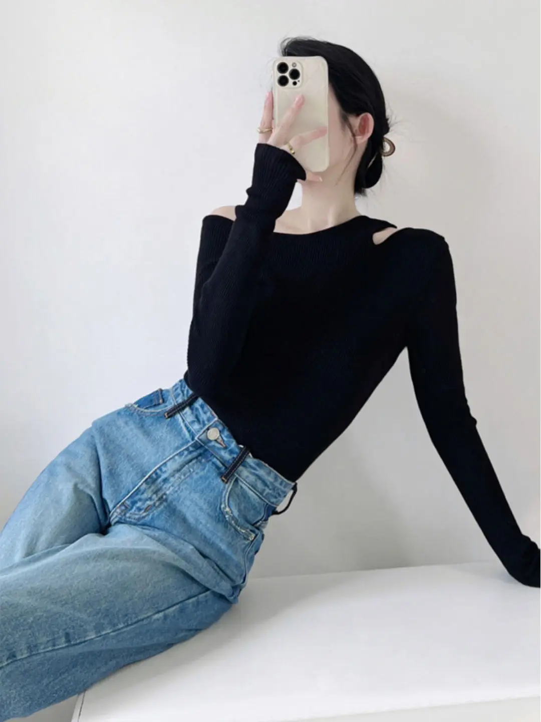 Early Autumn Knitted Long Sleeve Shoulder Bared Women's Base Shirt American Style Inner Wear Slim Fit Bottoming Top