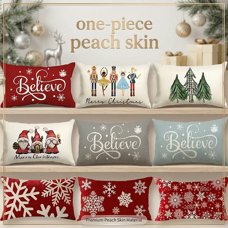 

Merry Christmas Lumbar Cushion Pillowcase Cover Nutcracker Gnome Peach Skin Rectangular Pillowcase Holiday Decor Sofa Bedroom