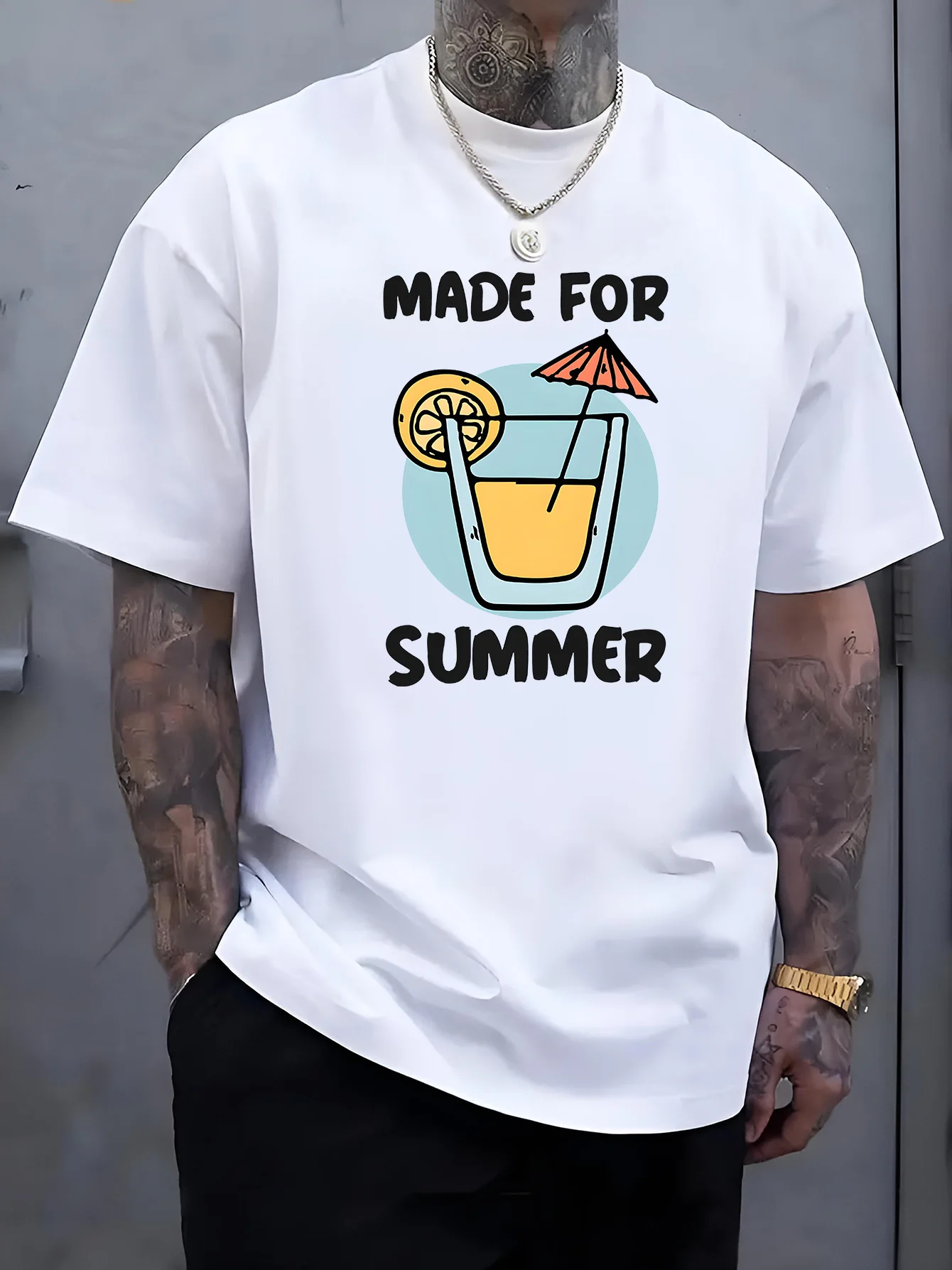 Men White Crew Neck Tee Cute Cocktail Glass Lemon Umbrella Print Made For Summer Holiday Beach Casual Soft Cotton Male Tops