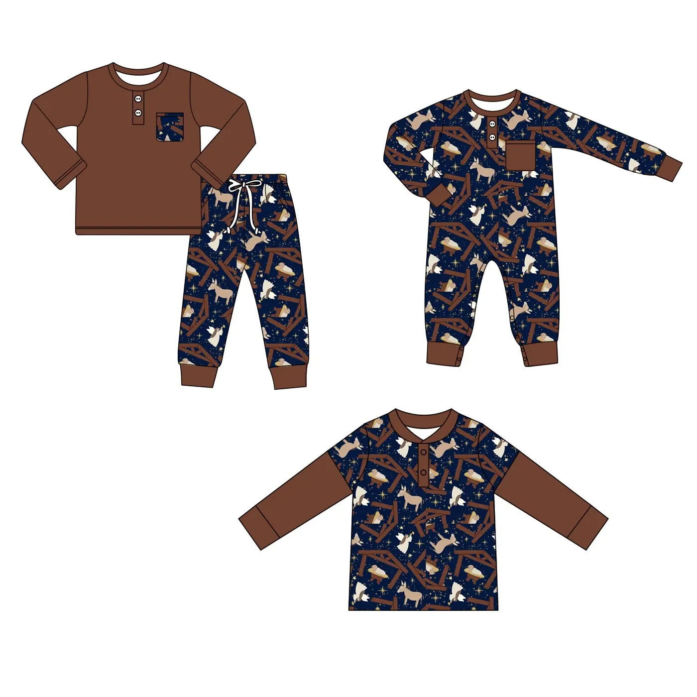 

Boutique Toddler Boys Clothes Brown Outfit Cartoon Horse Print Top Newborn Romper Matching 3-Piece Set