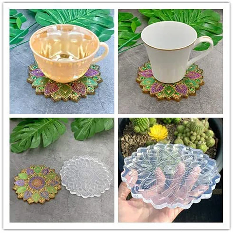 Cetakan Coaster Resin, cetakan Casting Resin silikon bunga Mandala untuk epoksi, cetakan Resin tatakan Dandelion, alas cangkir