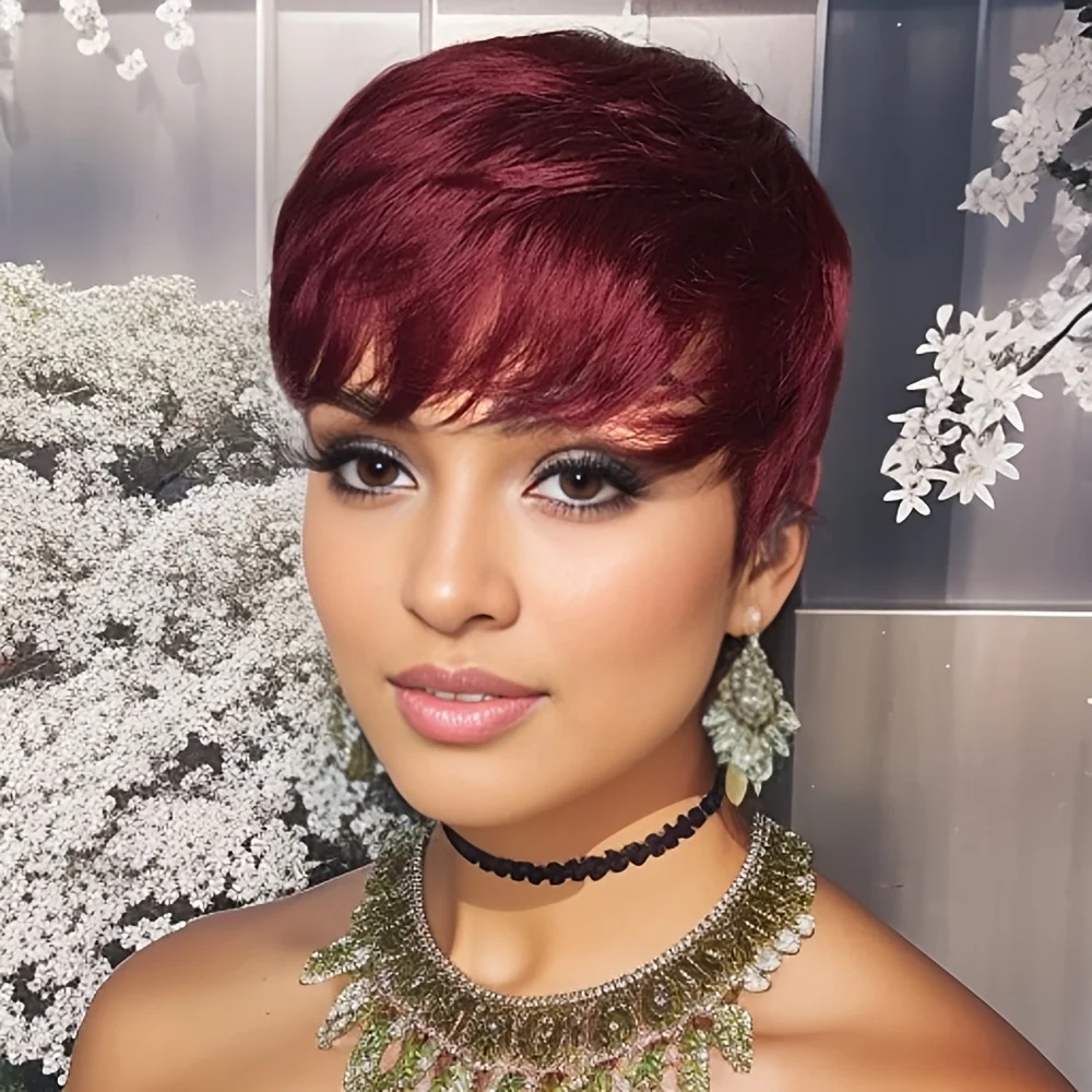 99J 짧은 인모 가발 픽시 컷 웨이브 가발 레이어드 풀 머신 메이드 여성용 가발