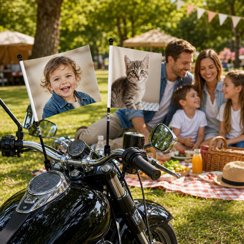2Pcs Custom Photo Motorcycle Flag Set with Plastic Pole Double Sided Different Print Motorbike Handlebar Decor Flag Kit