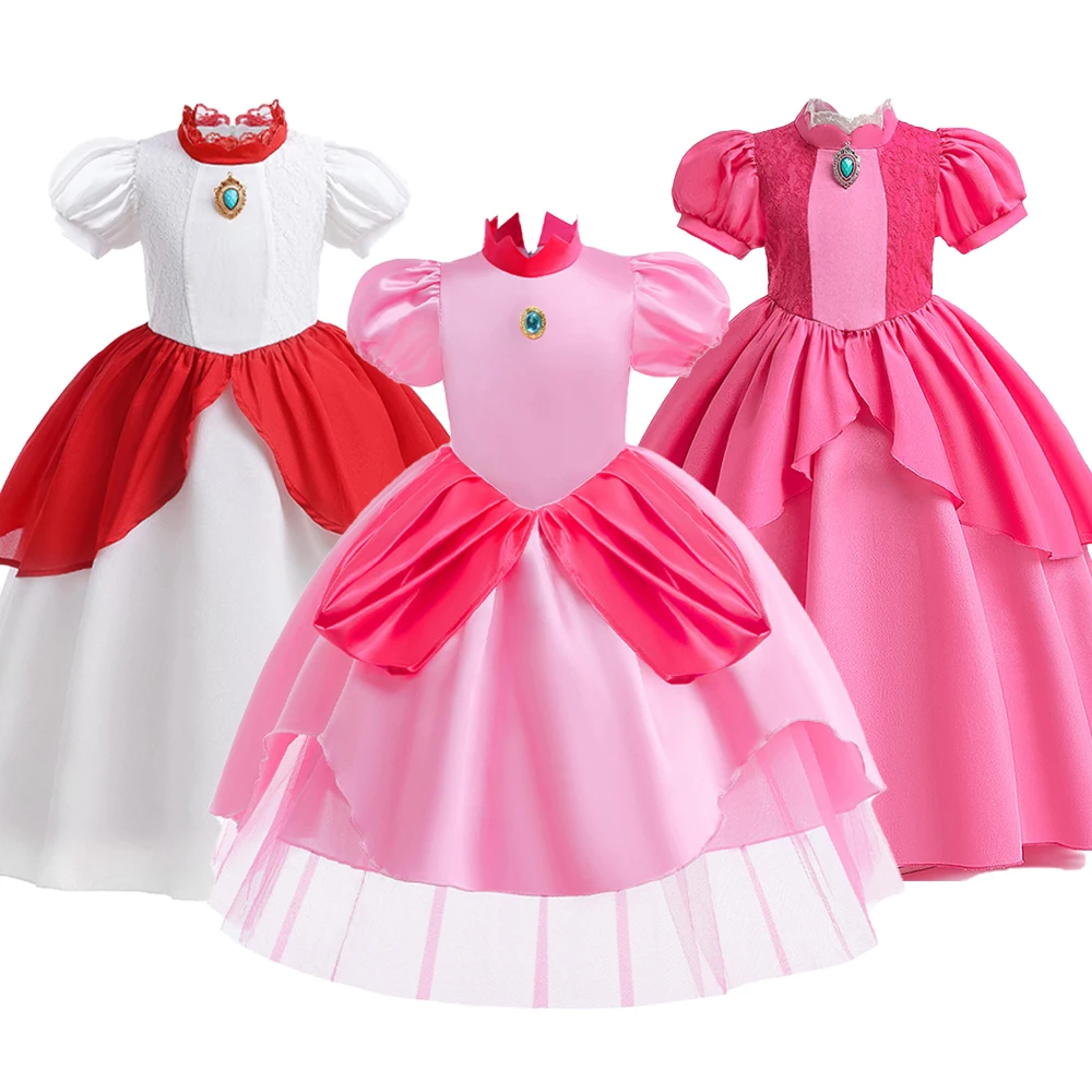Peach Princess Cosplay Girls Costume Cartoon Movie Role Playing Party Dresses for Children Pink Frocks Carnival Birthday Outfits