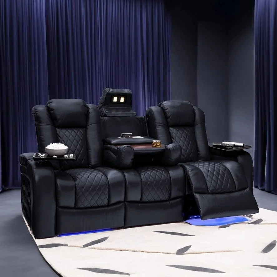 

#Villa Living Room Top Layer Cowhide Electric Multifunctional Genuine Leather Sofa Audio-Visual Home Theater Furniture Straight