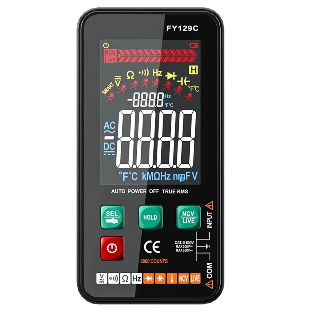 FY129C Digital Multimeter with Large LCD Display Smart Auto Identification Manual Switching AC DC Voltage Meter
