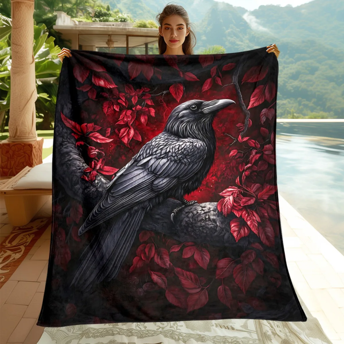 Gothic Raven & Red Leaves Blanket – Lightweight Fleece Throw with Black & Red Art for All-Season Use