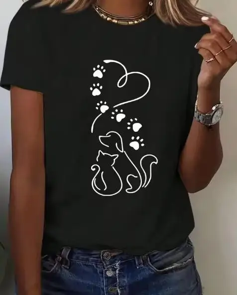 Women Pet Lover Graphic T Shirt Minimalist One Line Art Heart Connected With Two Paw Prints Round Neck Short Sleeve Loose Fit Casual Dog Mom Everyday Tee