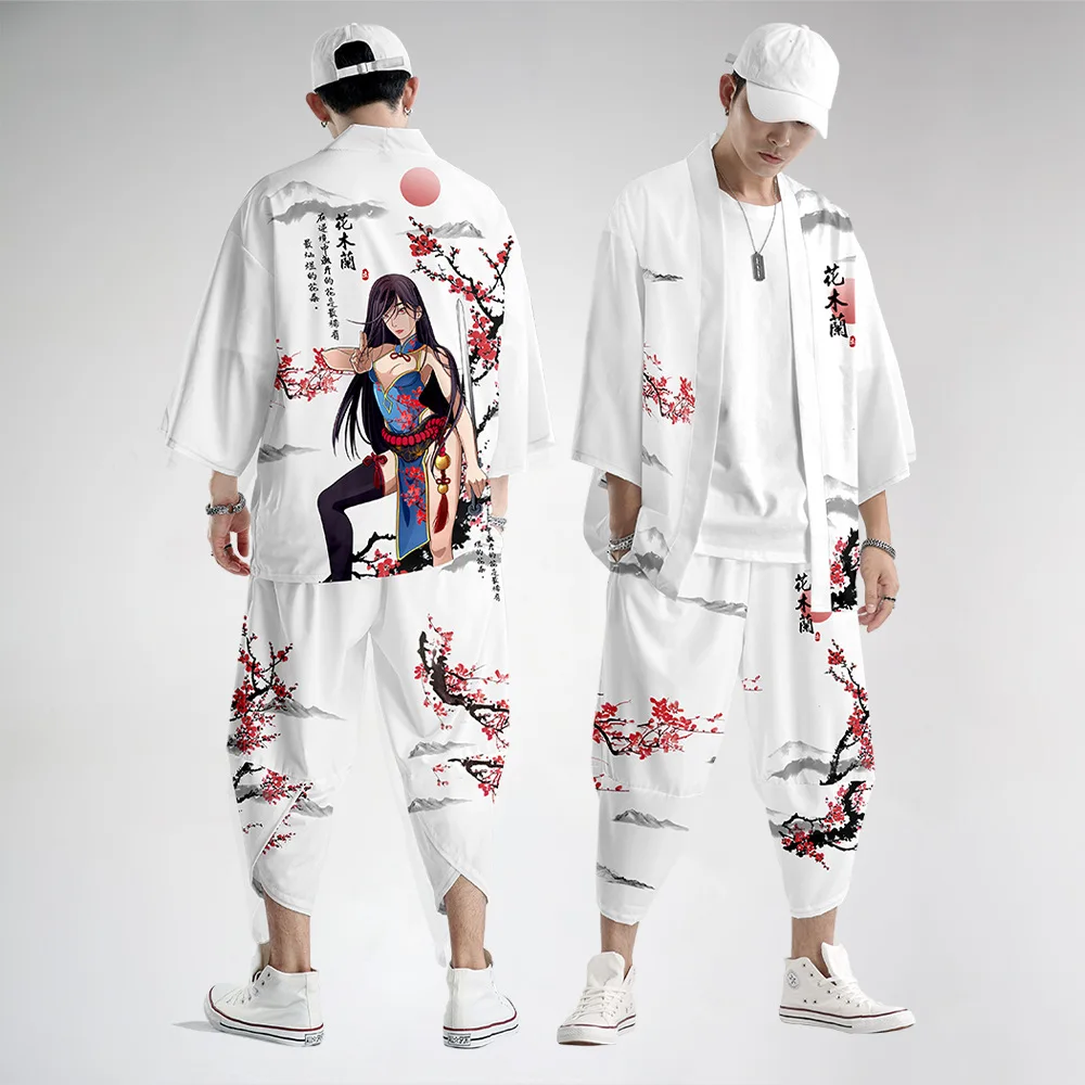 Hua-mulan-Kimono japonés de estilo chino para hombre y mujer, cárdigan de playa Harajuku, ropa asiática Haori, blanco