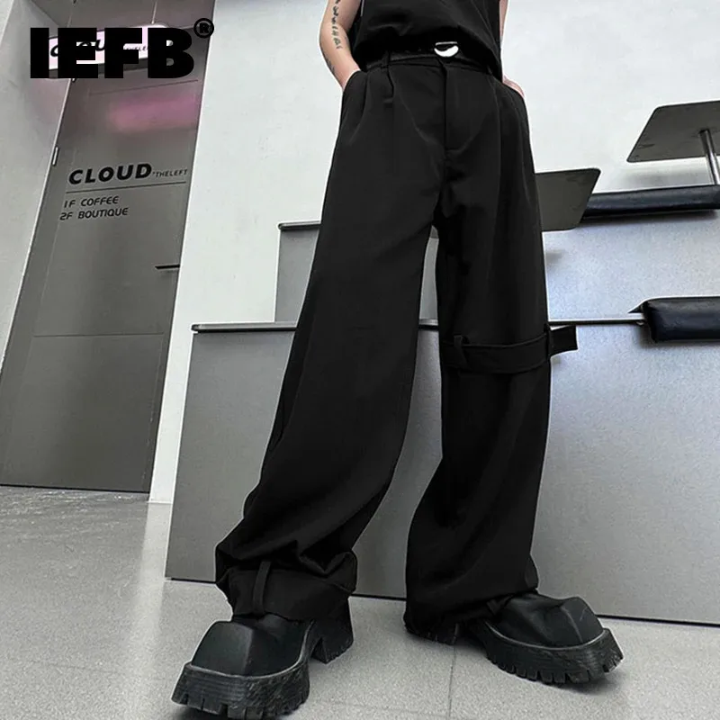 

IEFB New Stylish Men's Pants Straight Solid Color Woven Belt Decoration Trouser Hem Pocket Men Bottoms Personality 28W3293