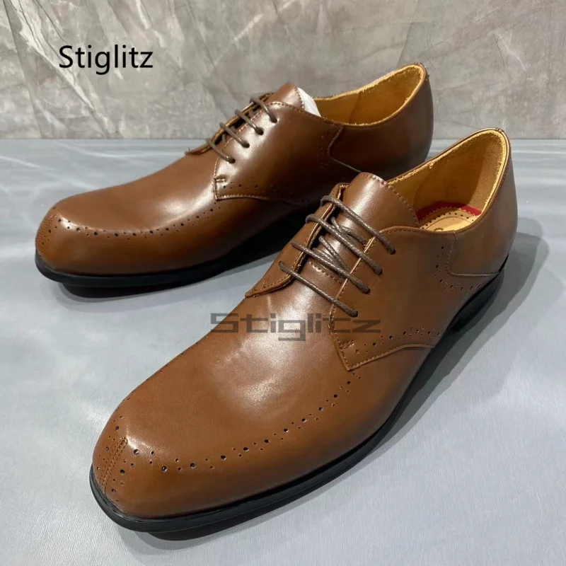 

Brown British Leather Shoes for Men Round Toe Lace Up Brogue Shoes Genuine Leather Casual Business Spring Autumn Office Shoes