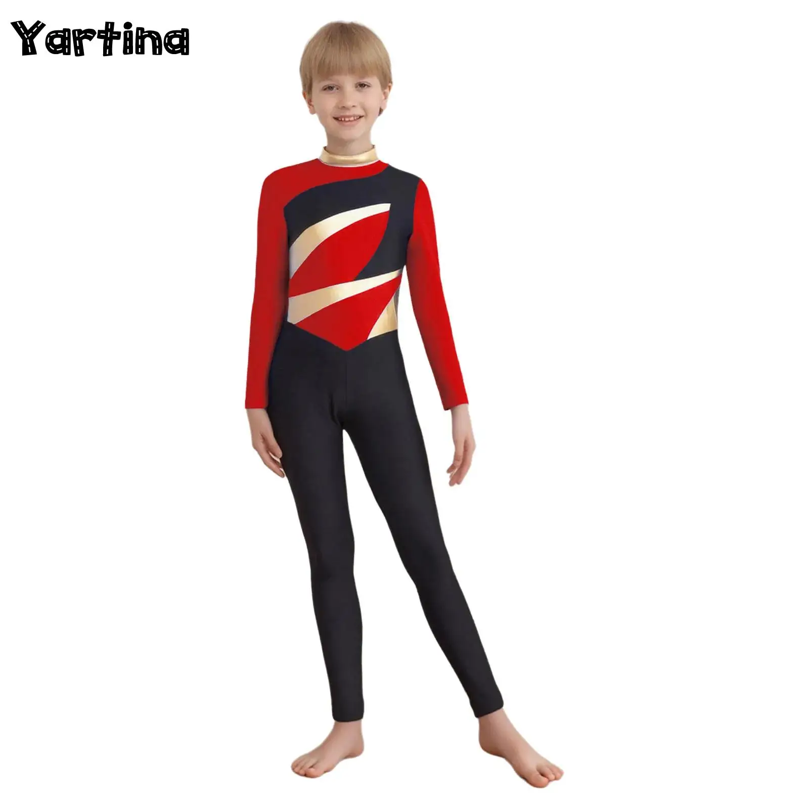 

Детские гимнастические трико для мальчиков, художественное фигурное катание, комбинезон для балета и танцев, металлический костюм с длинными рукавами для выступлений