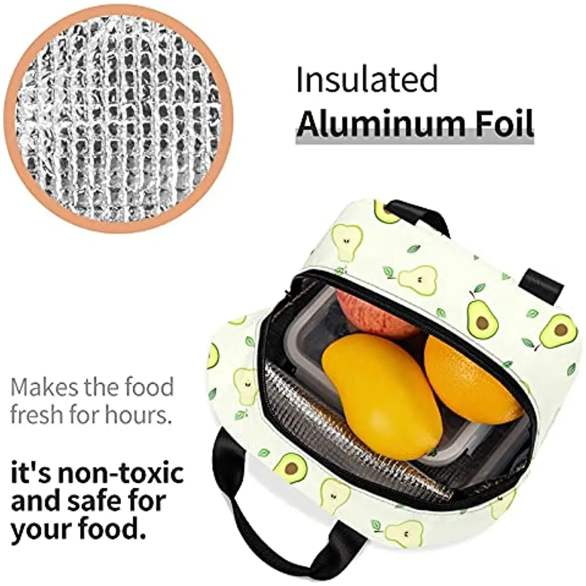 Fiambrera con aguacate para hombre y mujer, bolso de mano, contenedor de alimentos aislado