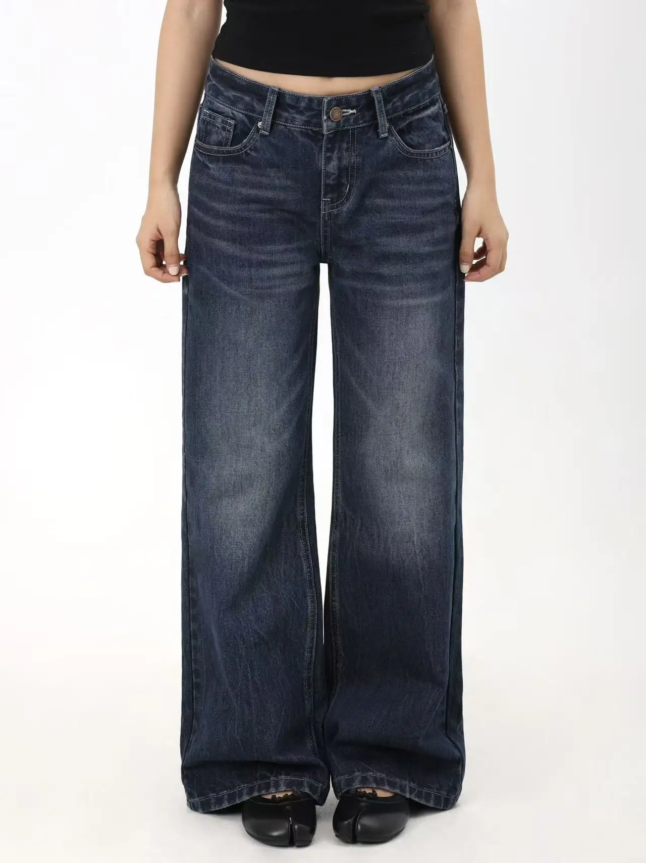 

Свободные синие джинсы с низкой талией для женщин, хлопковые прямые брюки из выстиранного денима MIMIETTE, винтажный стиль, стройнящие, скрывающие недостатки фигуры