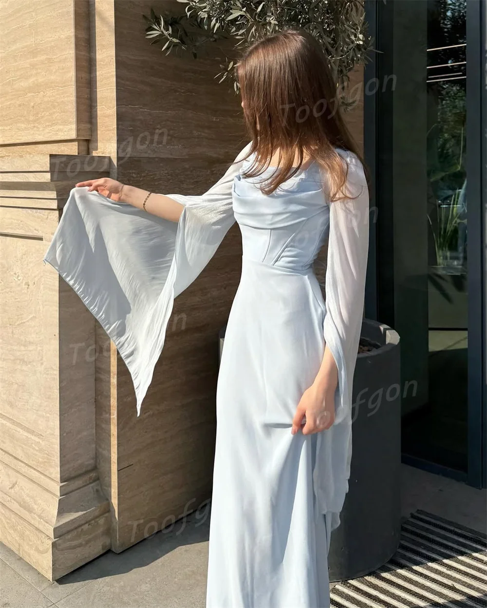 Toofgon Sauqre Collar Chiffon Mermaid Evening Dresses Customized Long Cape Sleeve Special Occasion Party Dress Long Prom Gown