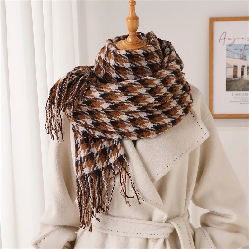 Luxury Houndstooth Print Warm Travel Scarf Women Cashmere Winter Pashmina With Tassel Shawl Wraps Bufandas Long Casual Echarpe