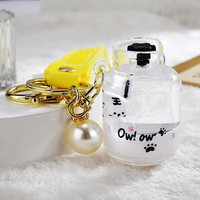 Cute Liquid Bottle Gas Tank Keychain Creative Moving Sequins Acrylic Tiger Key Holder Female Bag Pendant Keyring Gifts