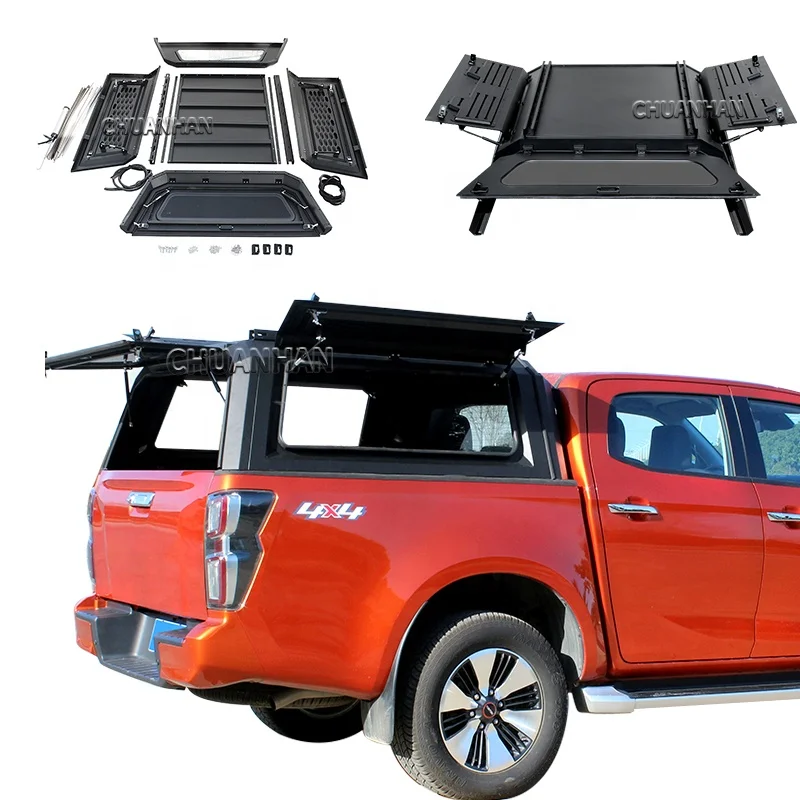 Pickup Truck Canopy Camper, Steel Hardtop Topper with Windows for Toyota Hilux Revo Vigo, Heavy Duty Waterproof Bed Cap, Black