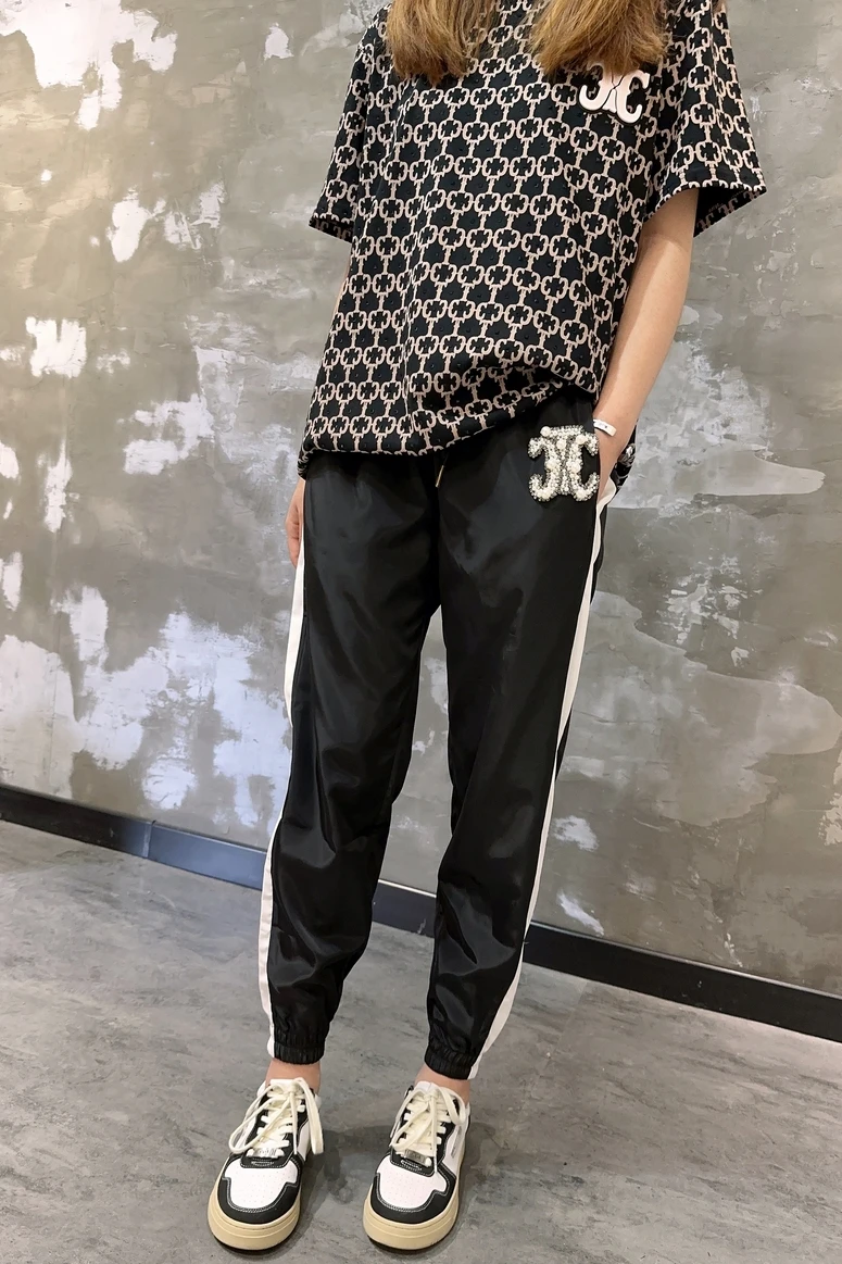 Luxury Trendy Brand Diamonds Beads Casual Super Thin Summer Trousers Men/woman Side Colorblock Elastic Waist Black Harem Pants