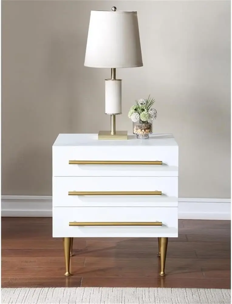 Meridian Furniture 844White-Ns Marisol Collection Modern | Contemporary Nightstand With Brushed Gold Metal Legs And Handle,