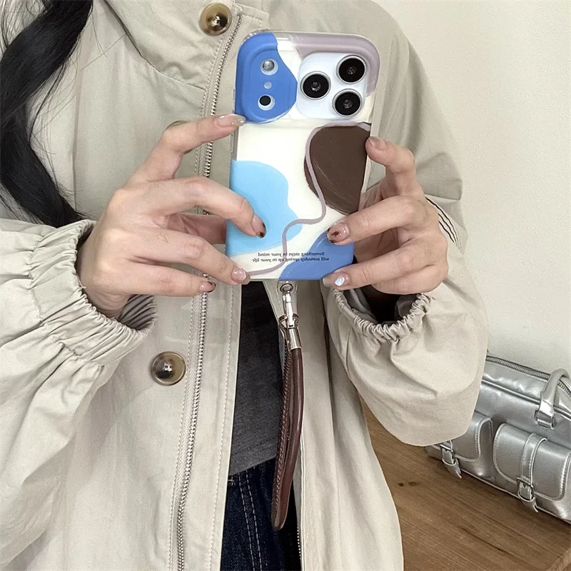 

Simple Geometric Color Blocks Phone Case For iPhone 17 16 Pro 14 15 Pro Max Cover with Hand Strap Cute Protective Cases