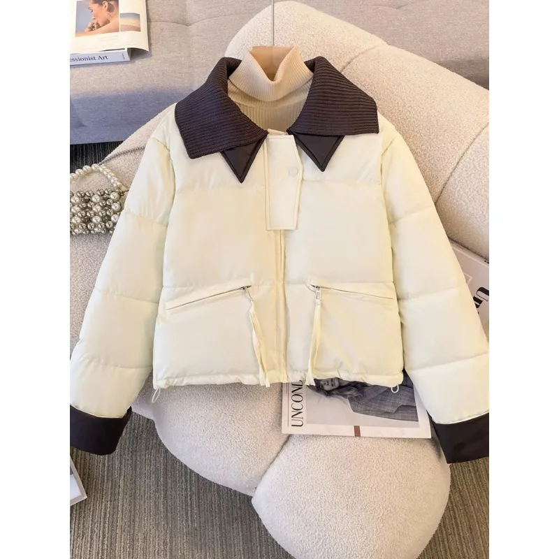 Women's New Style Knitted Turn-down Collar Short Style Down Jacket Winter Cotton Jacket Thickened Warm Cotton Coat Outerwear