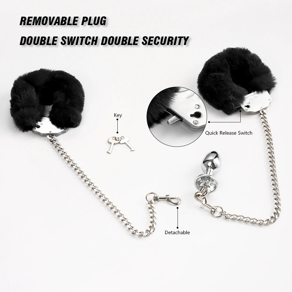 Metal Butt Plug&Furry Cuffs Sex Bondage BDSM Metal Handcuffs with Anal Toys for Adult Sex Play Restraint Set for Women Cosplay