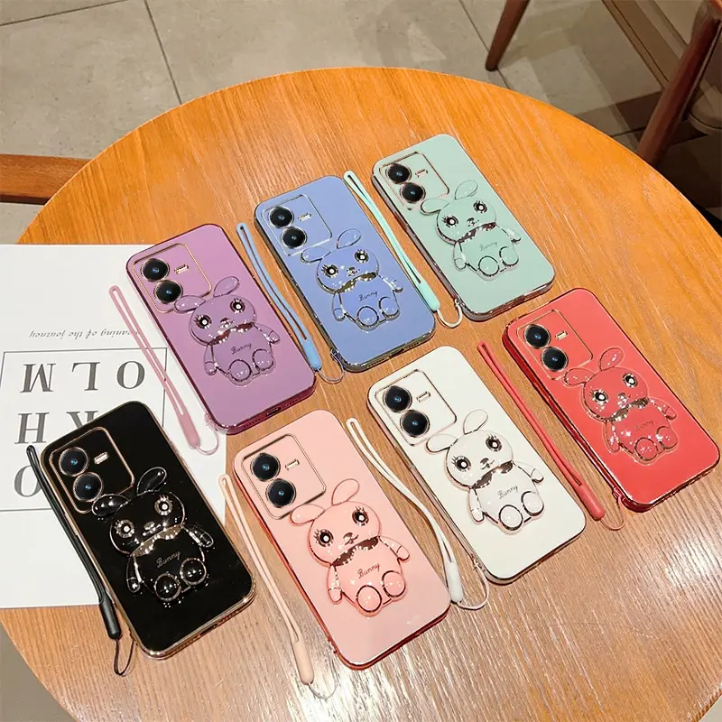 Phone Case For Vivo Y22S Y22 2022 Luxury Plating Square Rabbit Holder With Landyard Phone Case Cover