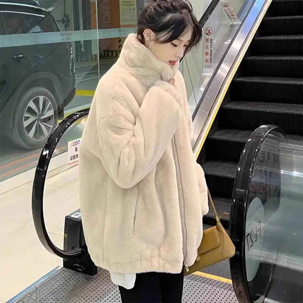

Lamb Fur Jacket Women's Double-Sided Fluffy Thickened Loose Winter Fashion Outerwear Polyester Fiber Stand Collar Full Sleeve