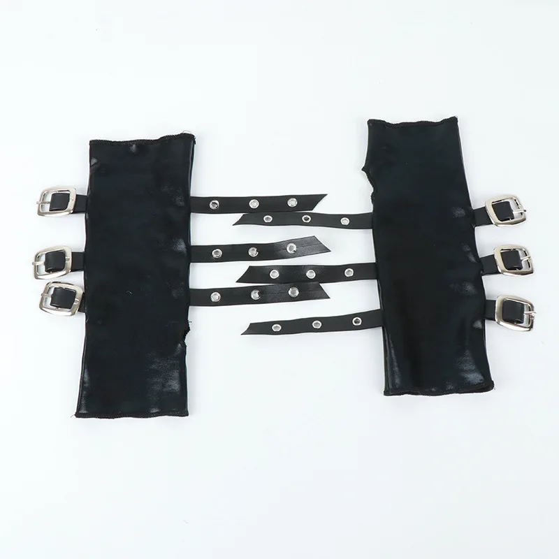 22CM Damen Gothic Punk PU-Leder Fingerlose Lange Handschuhe mit Metallschnalle Coole Rock Halbfinger-Handschuhe für Halloween Cosplay Nachtclub Party – Detail 5
