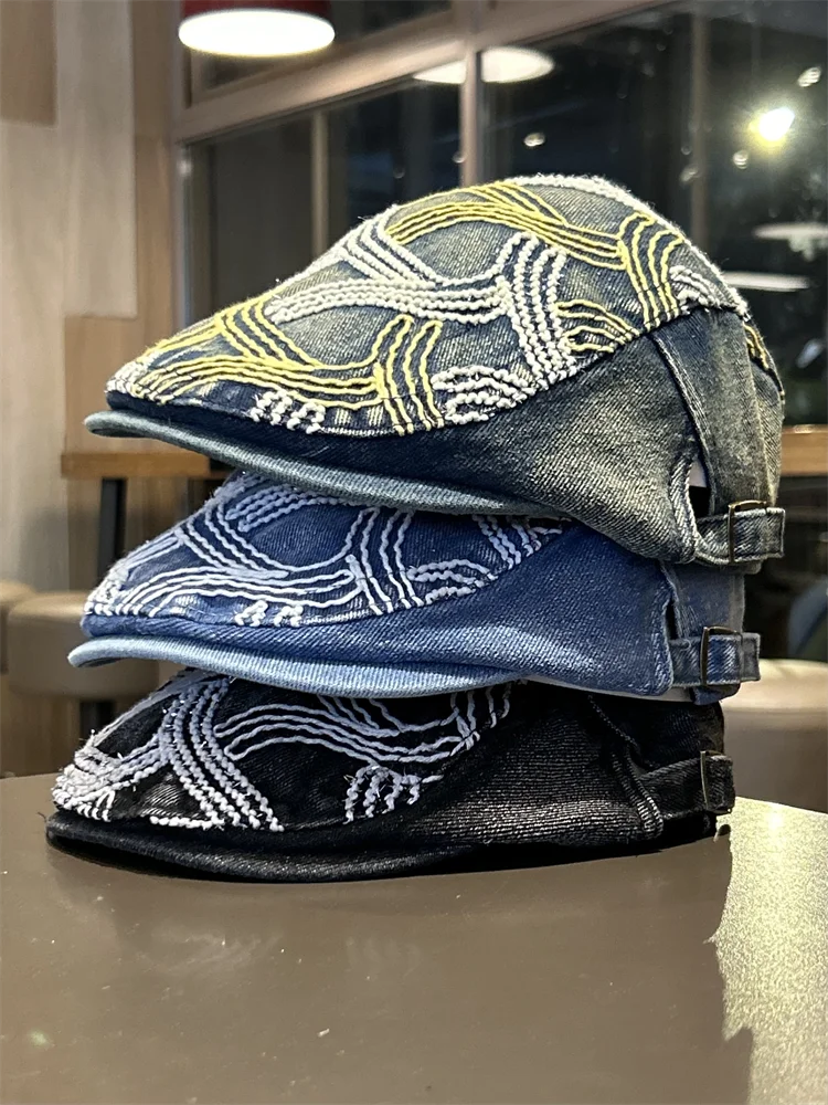 

Retro embroidered denim forward hat women's summer fashion versatile face peaked hat street anti-beret man