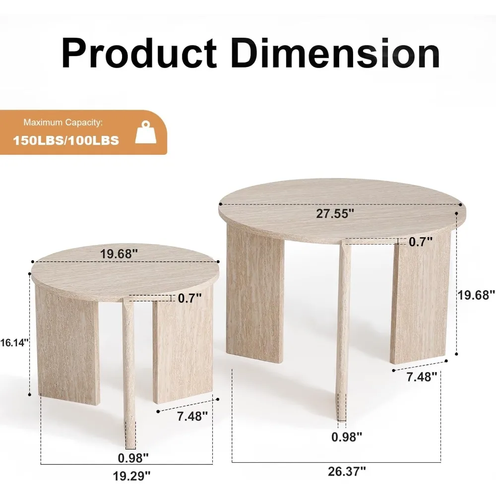 مجموعة طاولات القهوة المتداخلة الحديثة في منتصف القرن، قطعتان، ارتفاعات قابلة للتبديل، طاولات جانبية دائرية بقطر 27.6 و19.7 لـ L #2