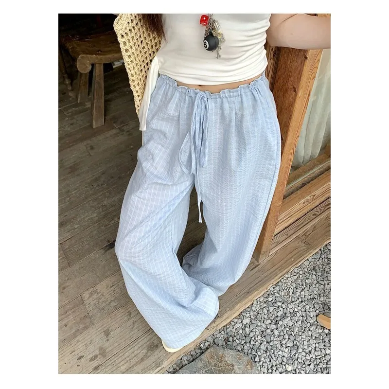 Damen-Hose mit weitem Bein, schwarz-weiß kariert, mit Blasenmuster, Baumwolle, elastische Taille, Kordelzug, Freizeithose