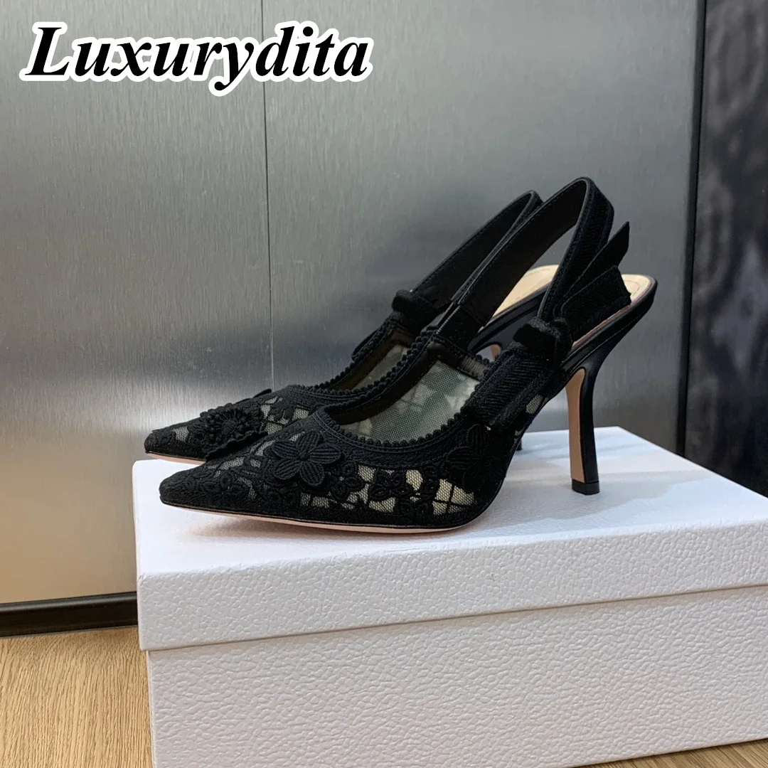 

Роскошные женские сандалии LUXURYDITA на высоком каблуке, повседневные модные туфли с кружевом и вышивкой Muller на плоской подошве, дизайнерская шелковая кожа, XY117