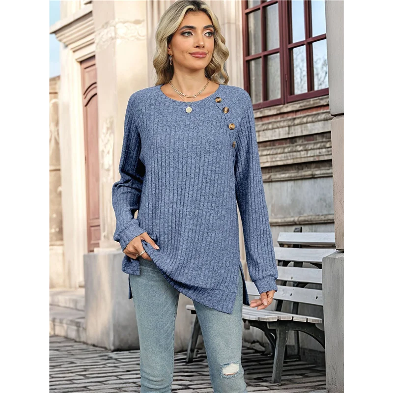 ASDS-Женские рубашки с длинными рукавами, легкие туники с декором на пуговицах, топы с разрезом по бокам