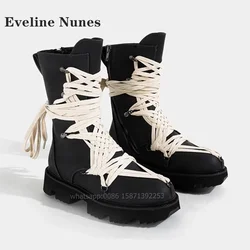Cross-Strap Metal Decoration Boots Round Toe Height Increasing Zip Platform Women Booty Mixed Colors Lace Up Motorcycle Shoes
