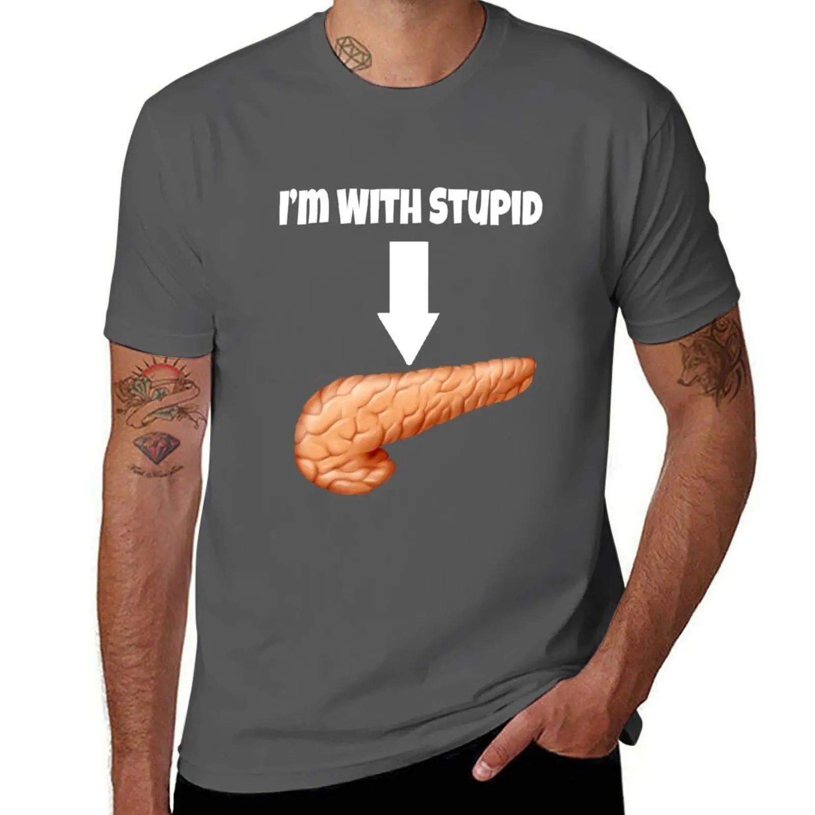 

I'm With Stupid - Pancreas- White Text T-Shirt Classic Crew Neck Cotton T-Shirt