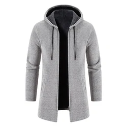 Men Winter Long Trench Coat 2023 Knit Sweater Jacket Fleece Wind Breaker Navy Turn-down Hoodies Zipper Cardigan Male Overcoat