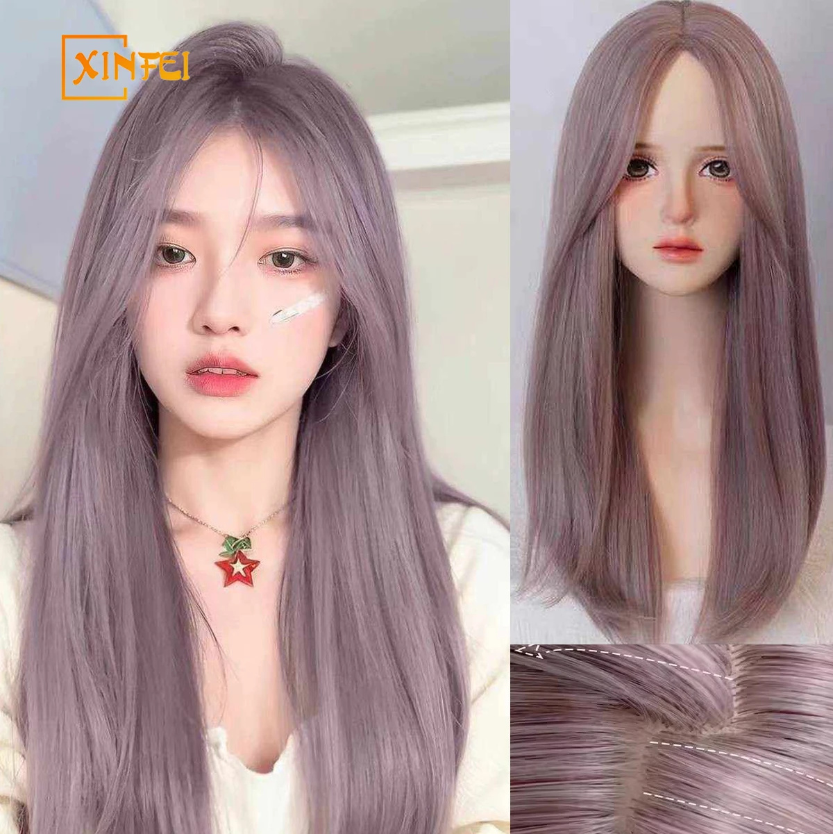 

XINFEI Lolita Wig Synthetic Shoulder Length Light Purple Wigs with Fluffy Bangs High Density Layered Lavender Wig for Women