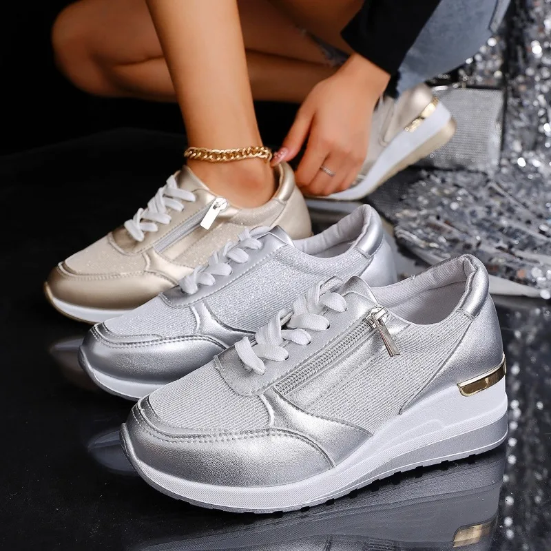 

Fashion Thick Bottom Silver Sneakers Women 2026 Spring Wedge Heel Vulcanized Shoes Woman Comfortable Lace Up Sport Tennis Shoes